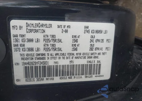 2000 Dodge Durango из США, поврежденный, VIN 1B4HR28Z9YF245831